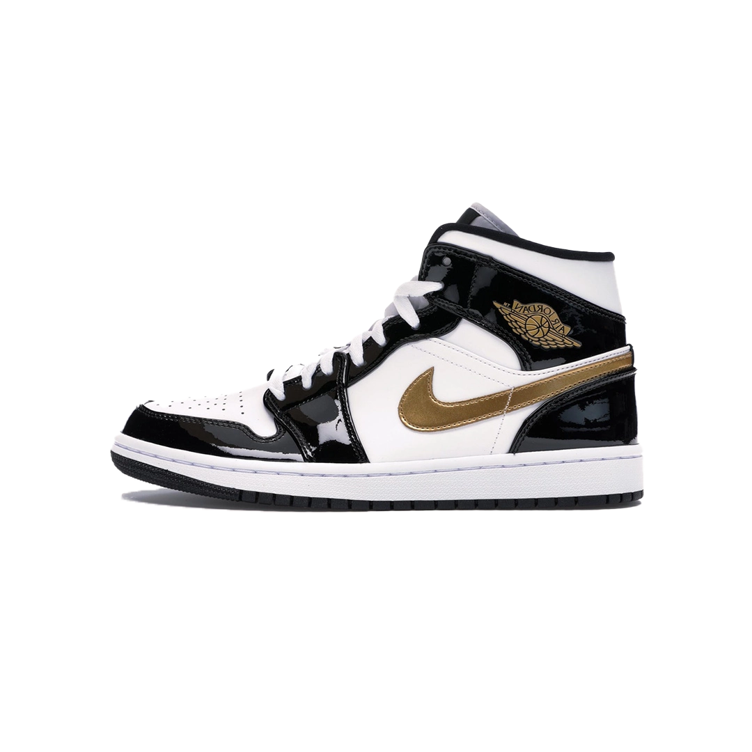 Jordan 1 Mid Patent Black White Gold